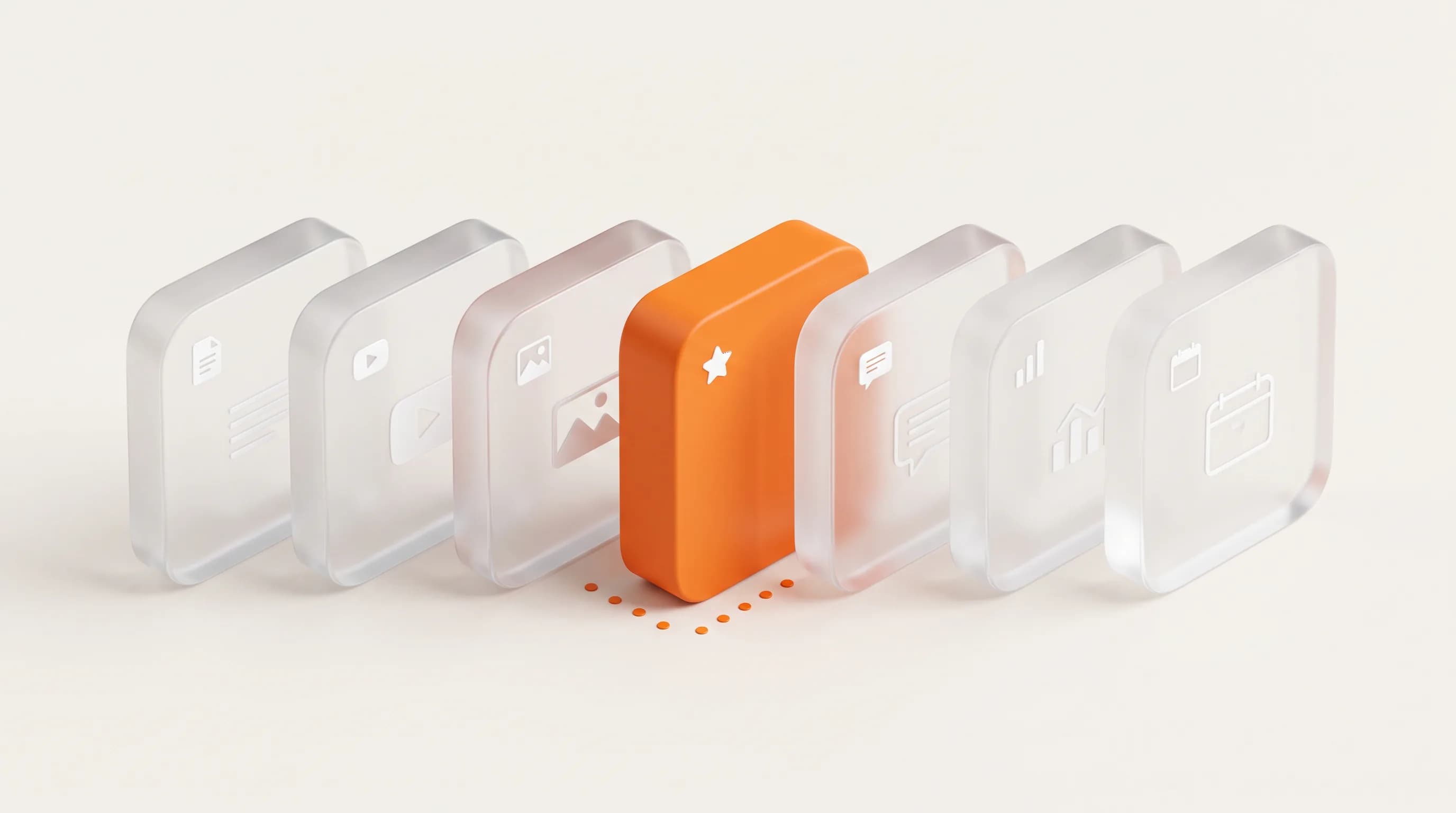 Seven glass blocks stand in a row with one orange block standing out, representing the seven best content types driving digital brand growth.
