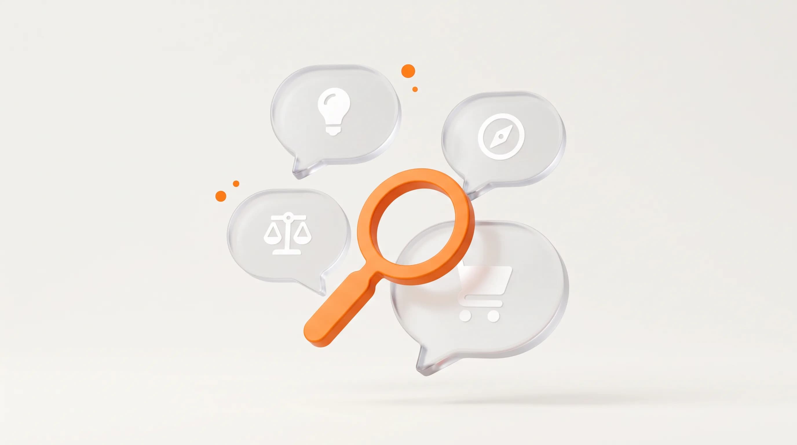 An orange magnifying glass highlights one thought bubble among four search intent types, showing how to understand what a searcher truly wants.