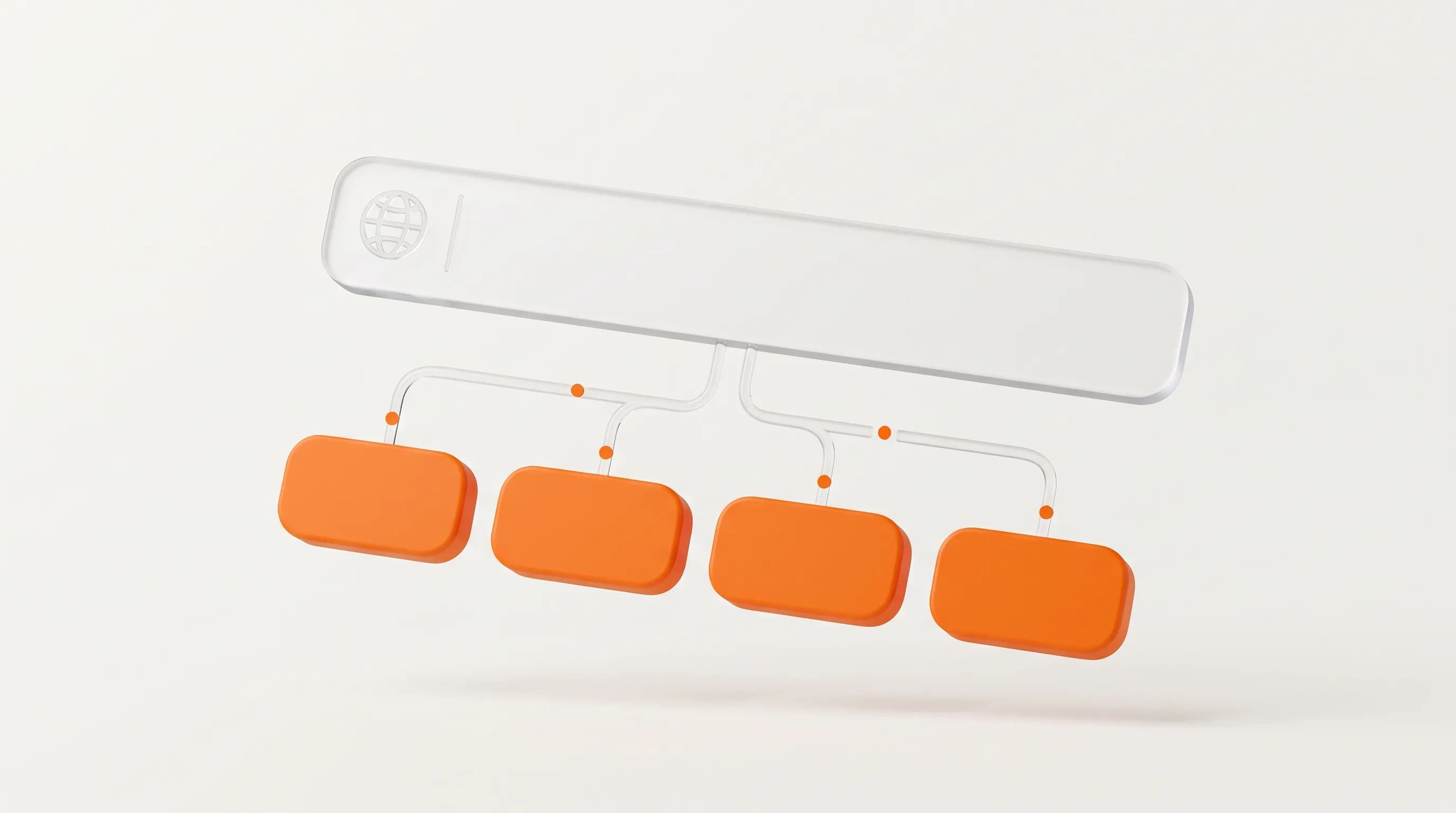 A main glass search result branches into orange link shortcuts beneath it, capturing sitelinks as quick paths to a website's key pages.