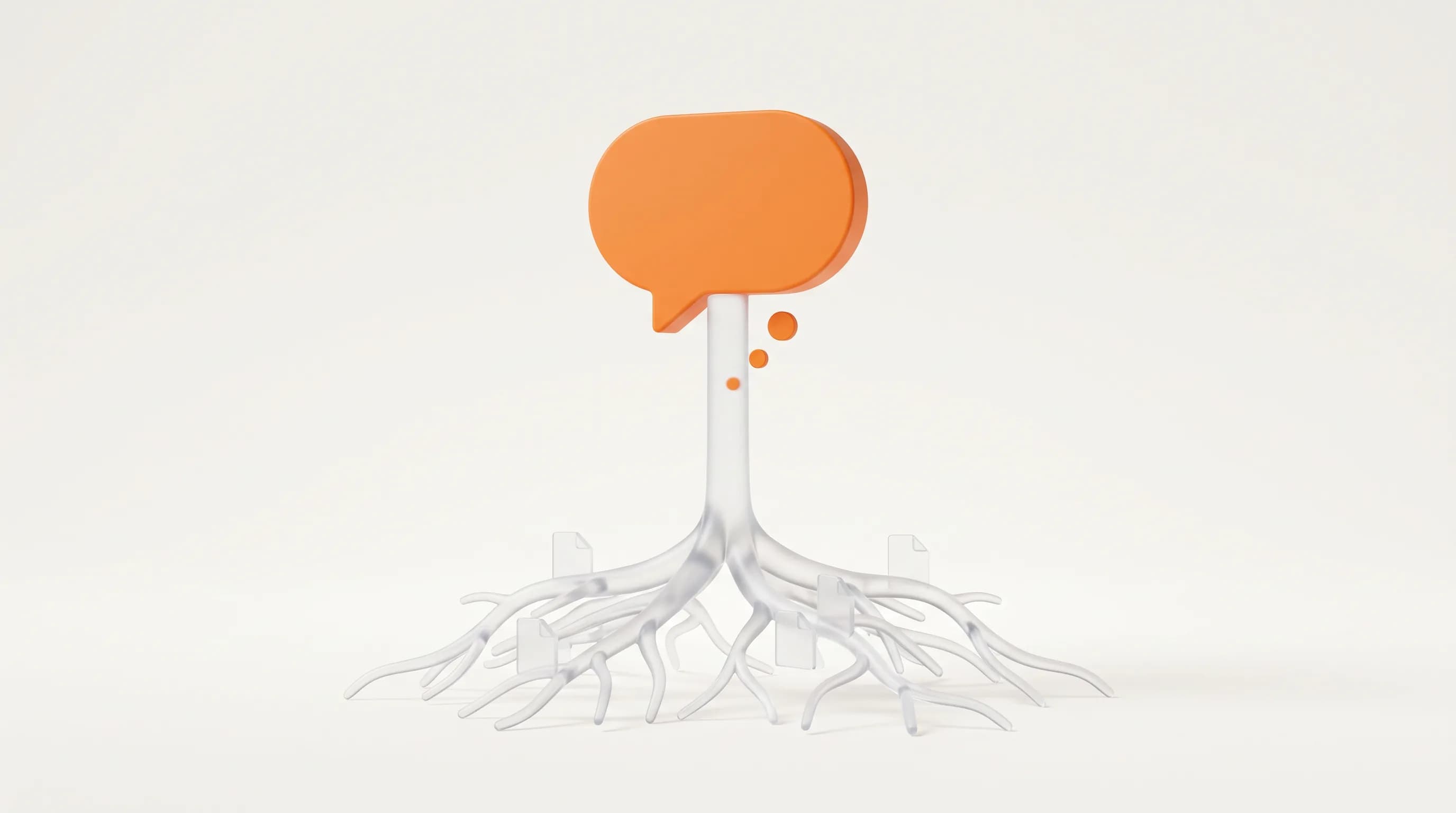 Sturdy glass roots support a glowing orange answer bubble at the top, showing why SEO still matters as the foundation of generative search.