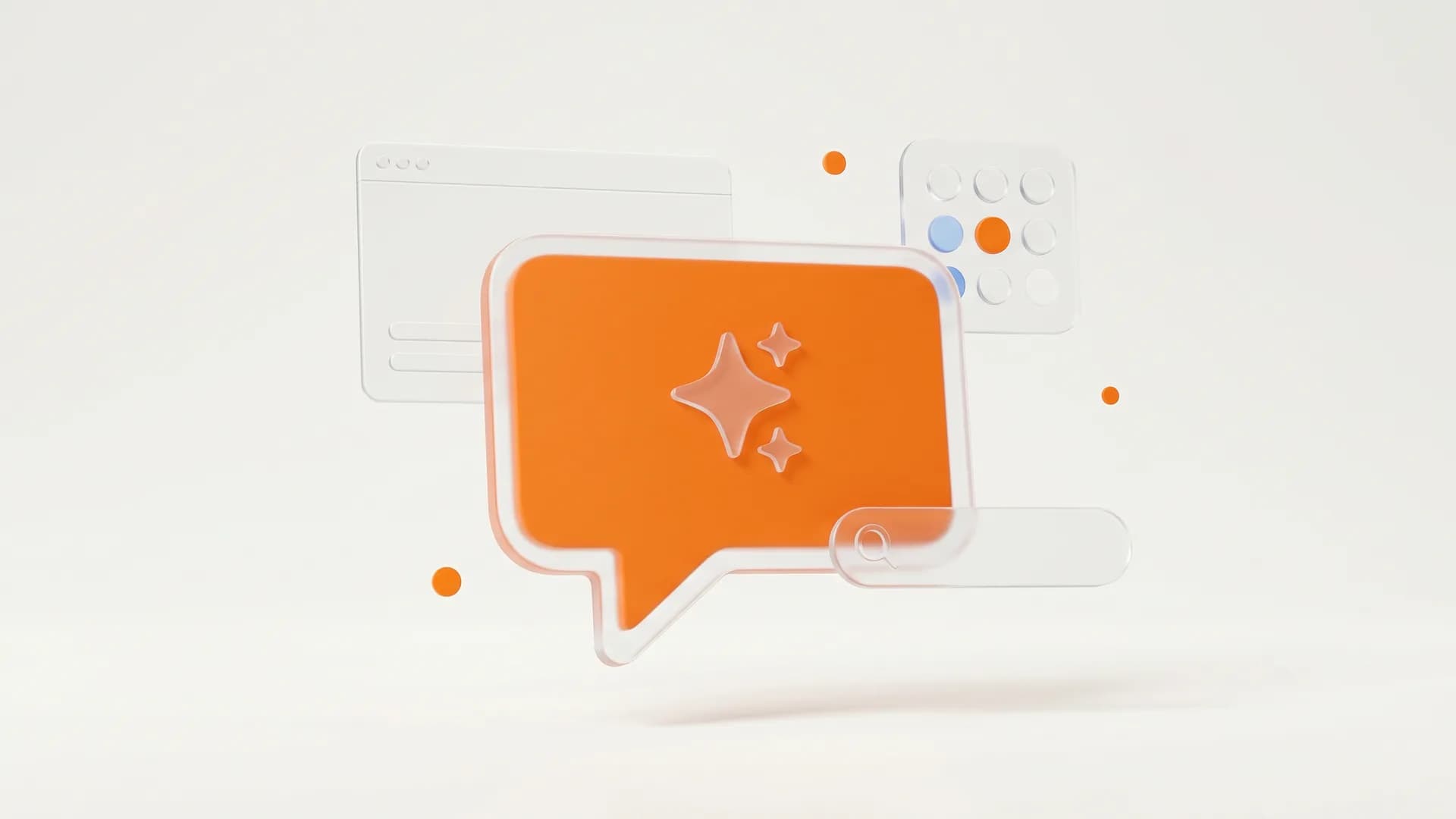 Ilustrasi chatbot AI dengan gelembung obrolan oranye dan panel frosted glass ekosistem Google
