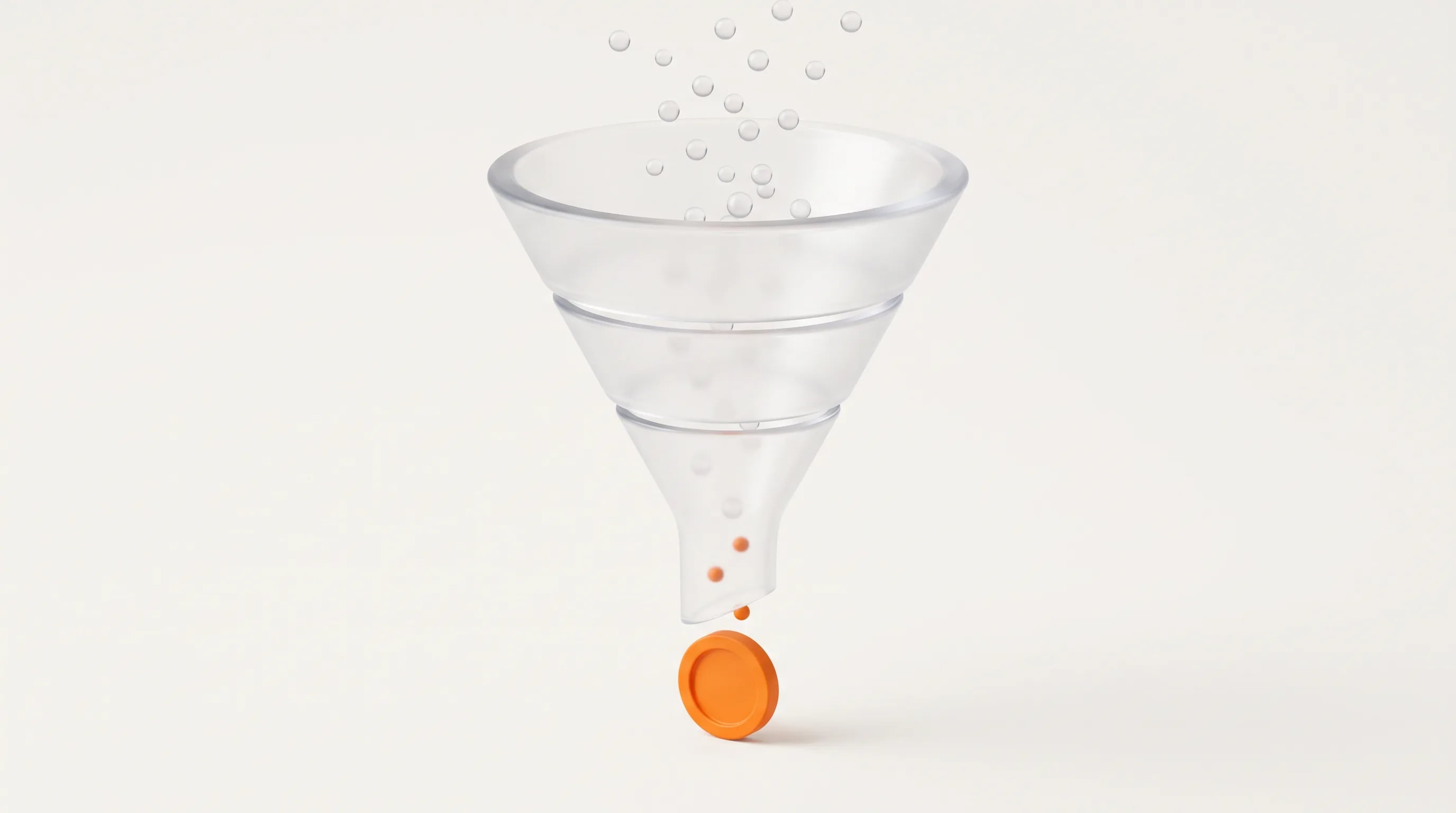 A three-tier glass funnel with an orange core at the base captures TOFU MOFU BOFU as the roadmap from visitor to closed revenue.