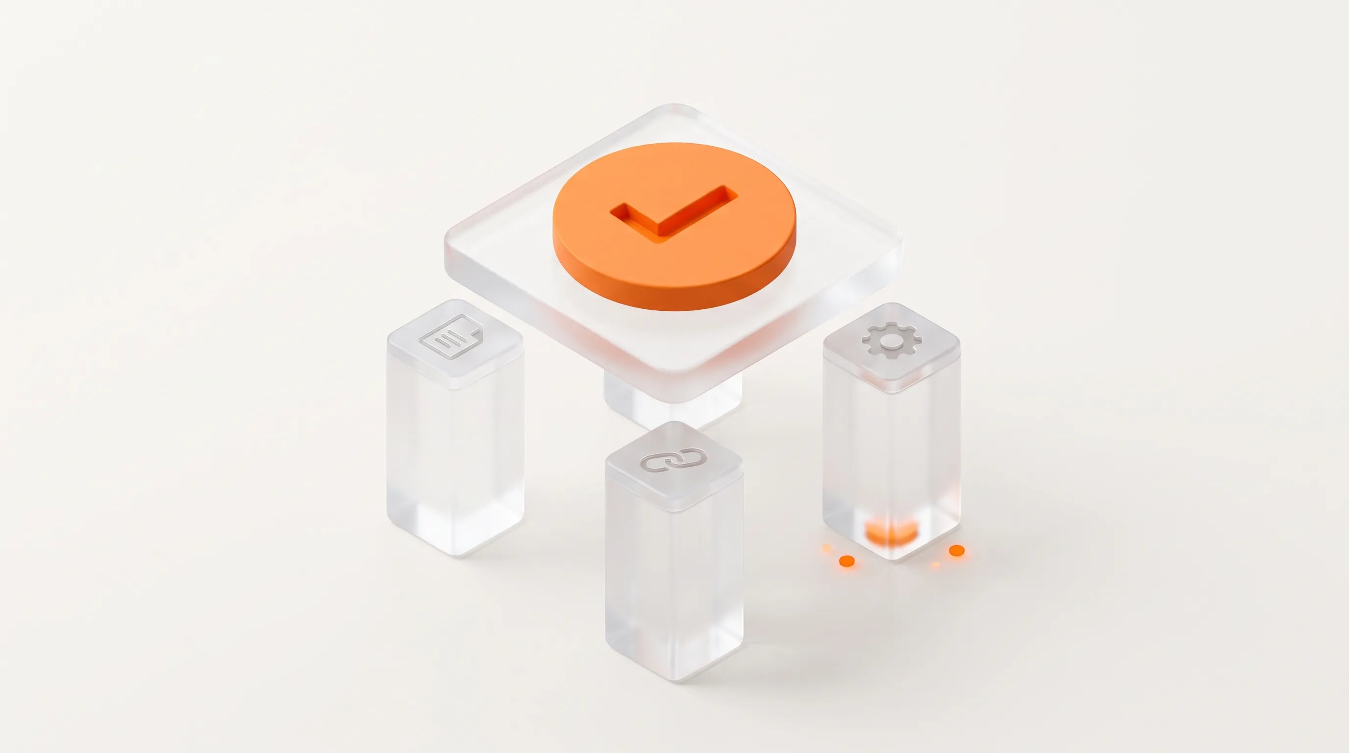 Three glass pillars support one orange badge at the top, capturing the types of SEO that come together to form the right website strategy.