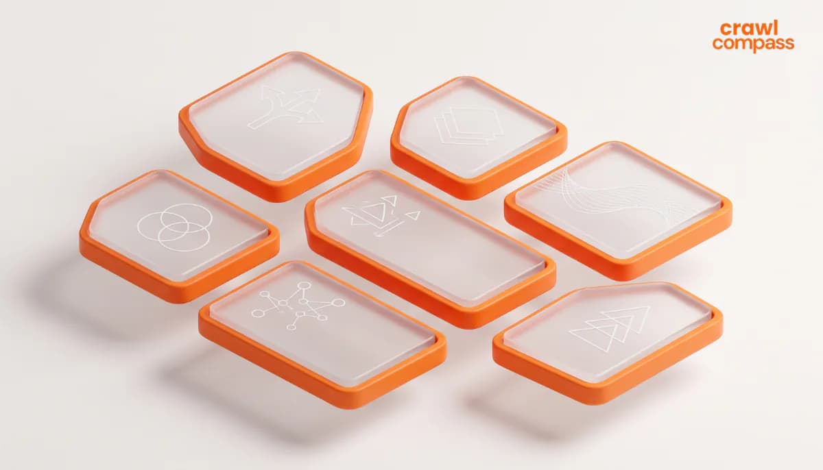 3D isometric illustration of floating frosted glass panels with thick orange borders and abstract icons
