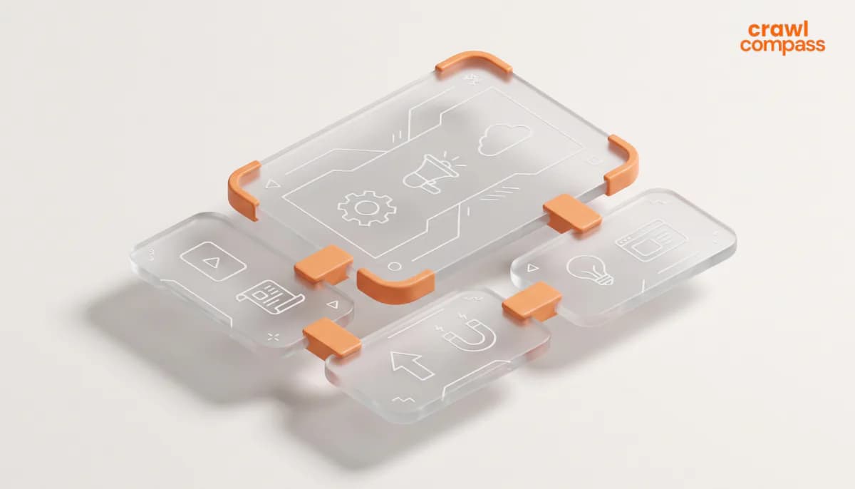 Ilustrasi 3D alur kerja content marketing bergaya glassmorphism