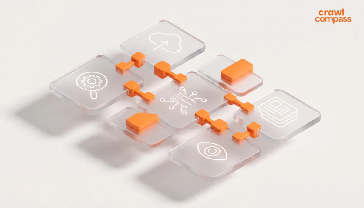 3D isometric illustration of a network structure made of connected glass tiles with technology icons