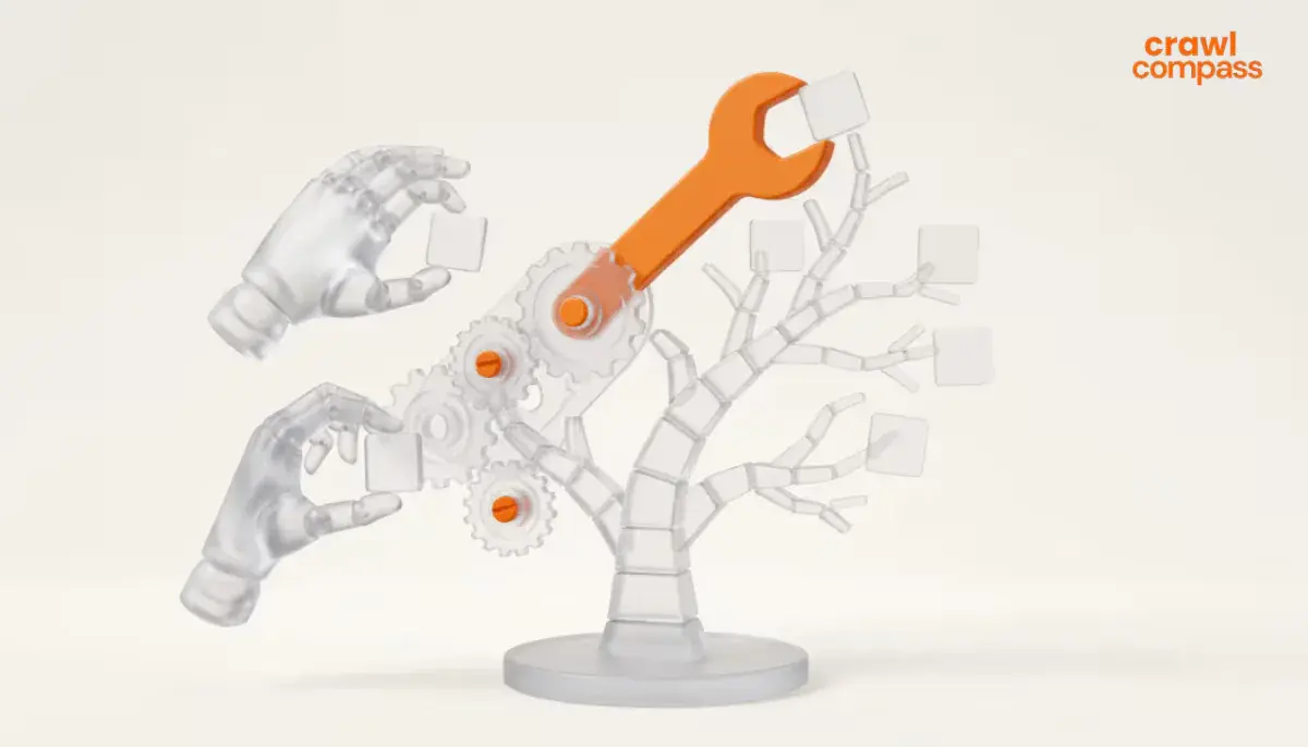 3D graphic of transparent robotic hands and an orange wrench constructing a glass tree with gears.