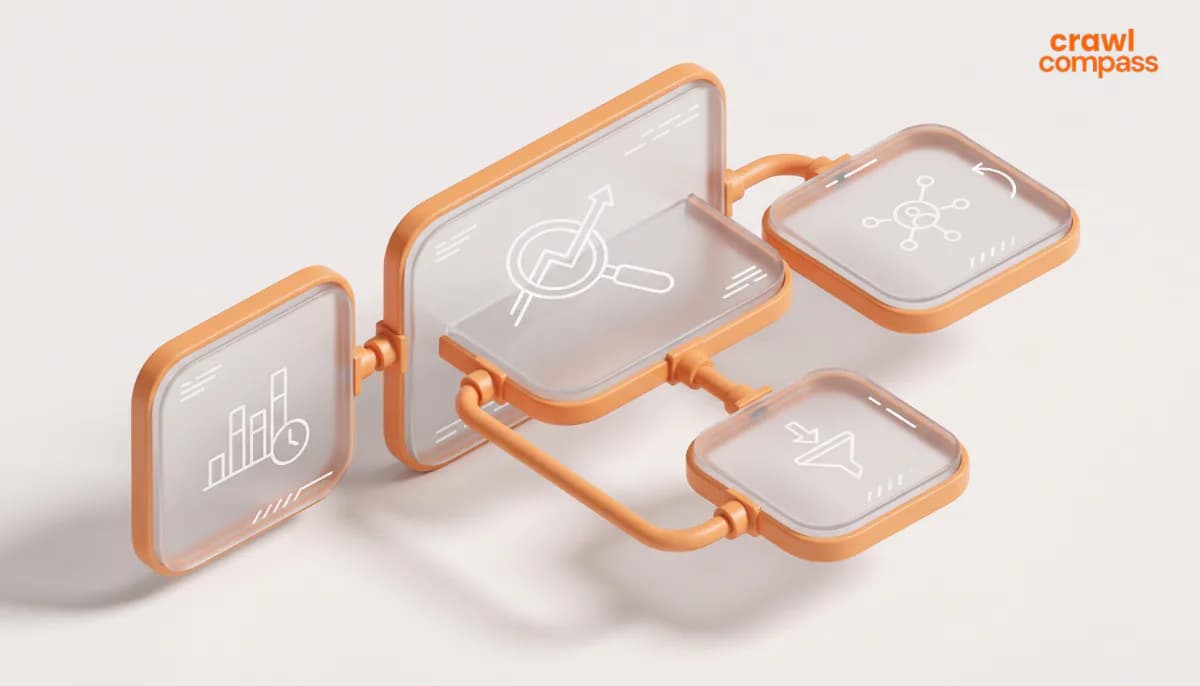 Connected glass panels featuring data analytics icons