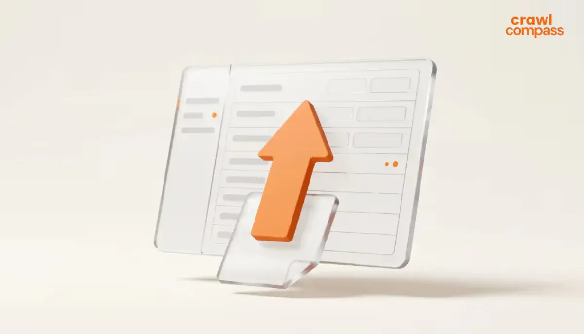 A 3D graphic featuring a solid orange arrow pointing upwards, positioned on top of a small, transparent glass document icon with a folded corner.