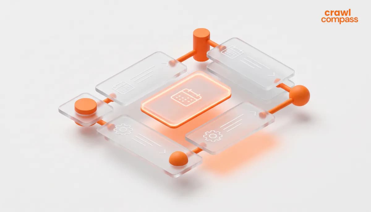 Ilustrasi 3D isometrik bergaya glassmorphism menampilkan panel bercahaya oranye