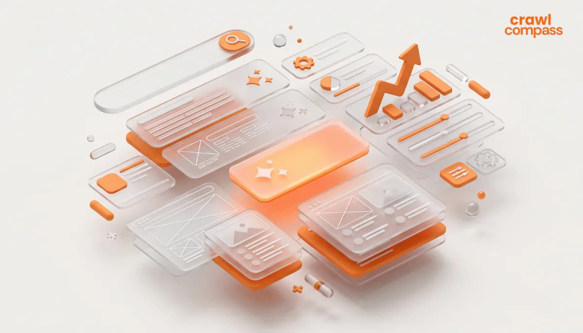 3D elemen antarmuka web, wireframe, dan analitik melayang bergaya kaca transparan dengan aksen oranye.