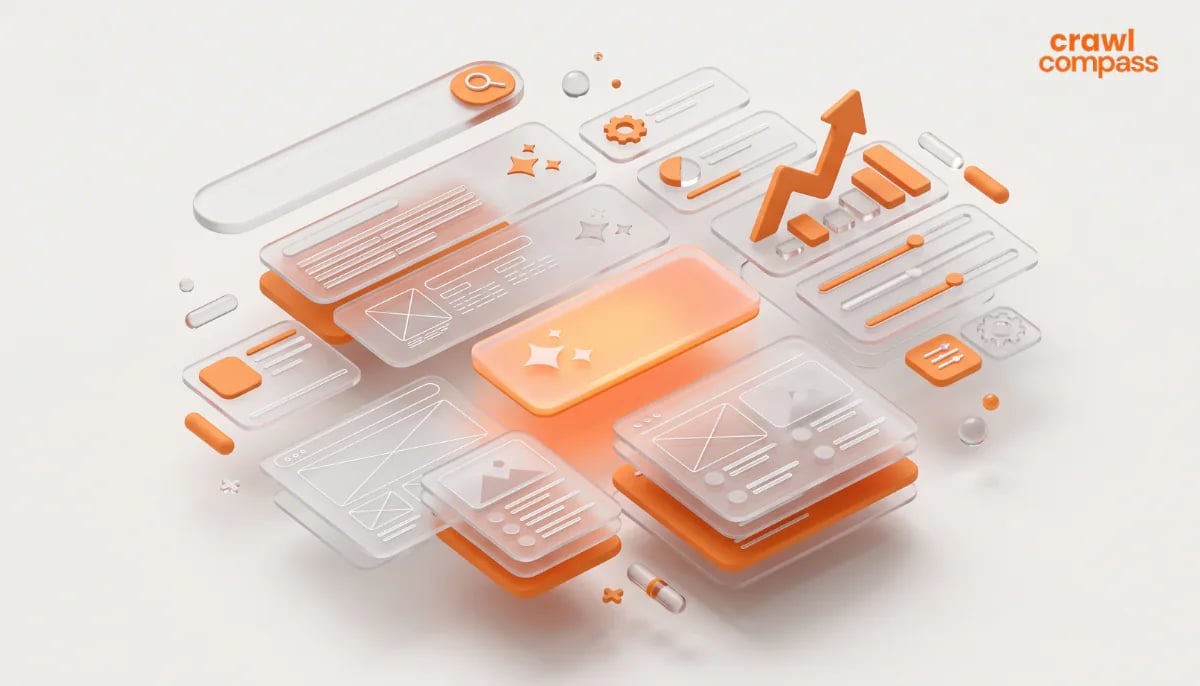 3D elemen antarmuka web, wireframe, dan analitik melayang bergaya kaca transparan dengan aksen oranye.