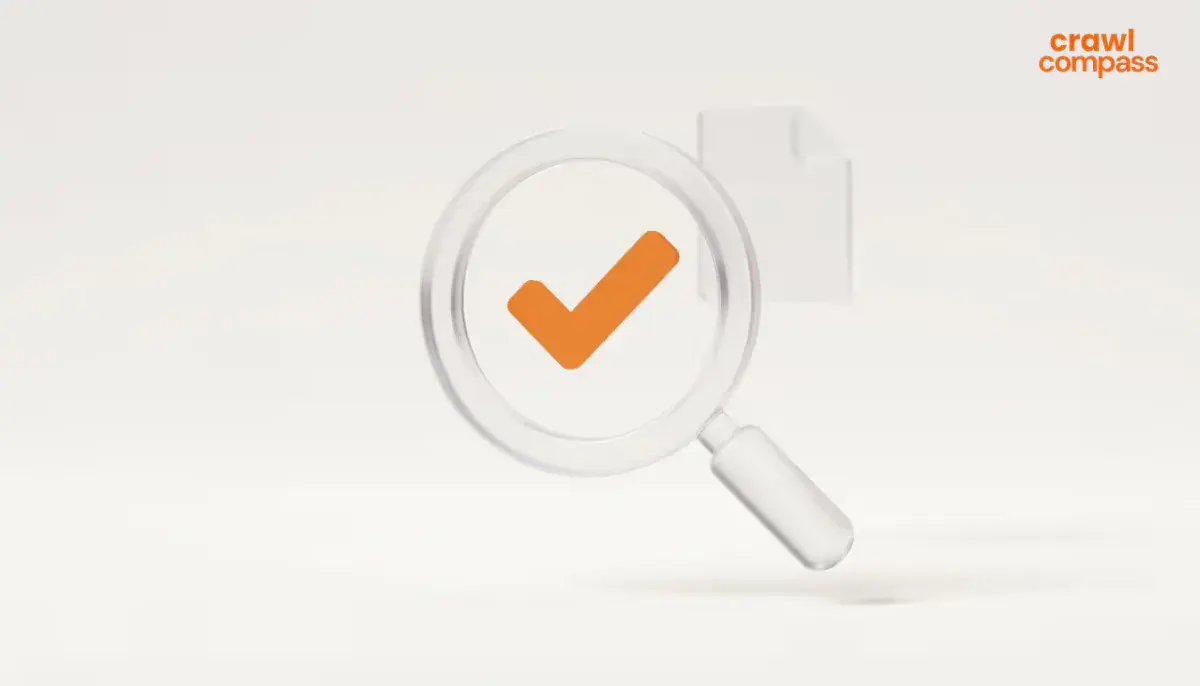 A 3D graphic featuring a clear, glass-like magnifying glass with a white handle, angled slightly downward.