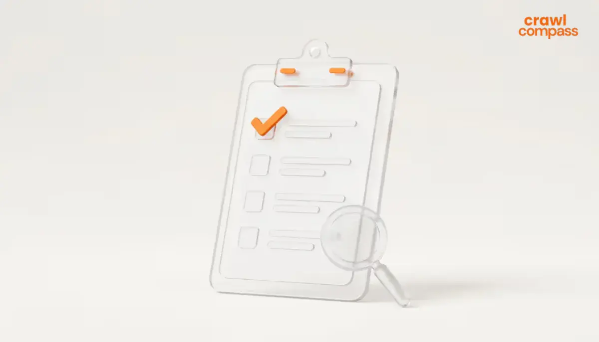 A 3D graphic featuring a transparent, glass like clipboard standing upright against a light background.