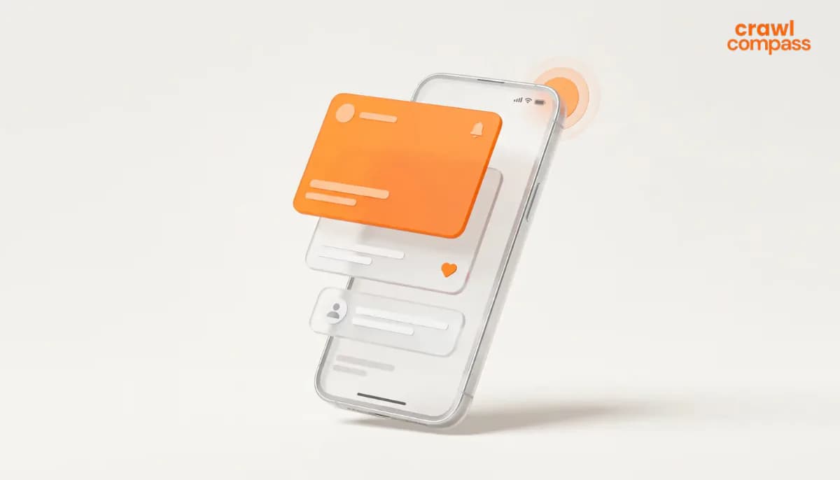 3D mobile app notification illustration featuring floating UI cards on a smartphone