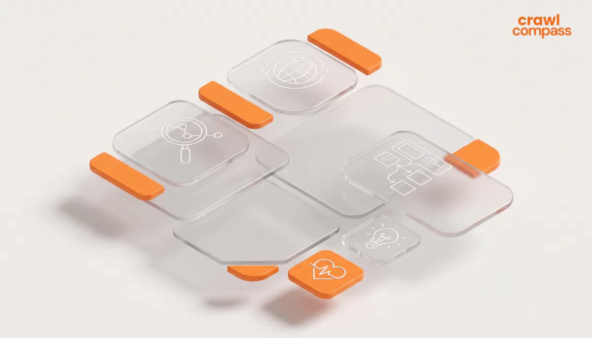 3D isometric illustration of floating glass cards with tech icons and orange accents