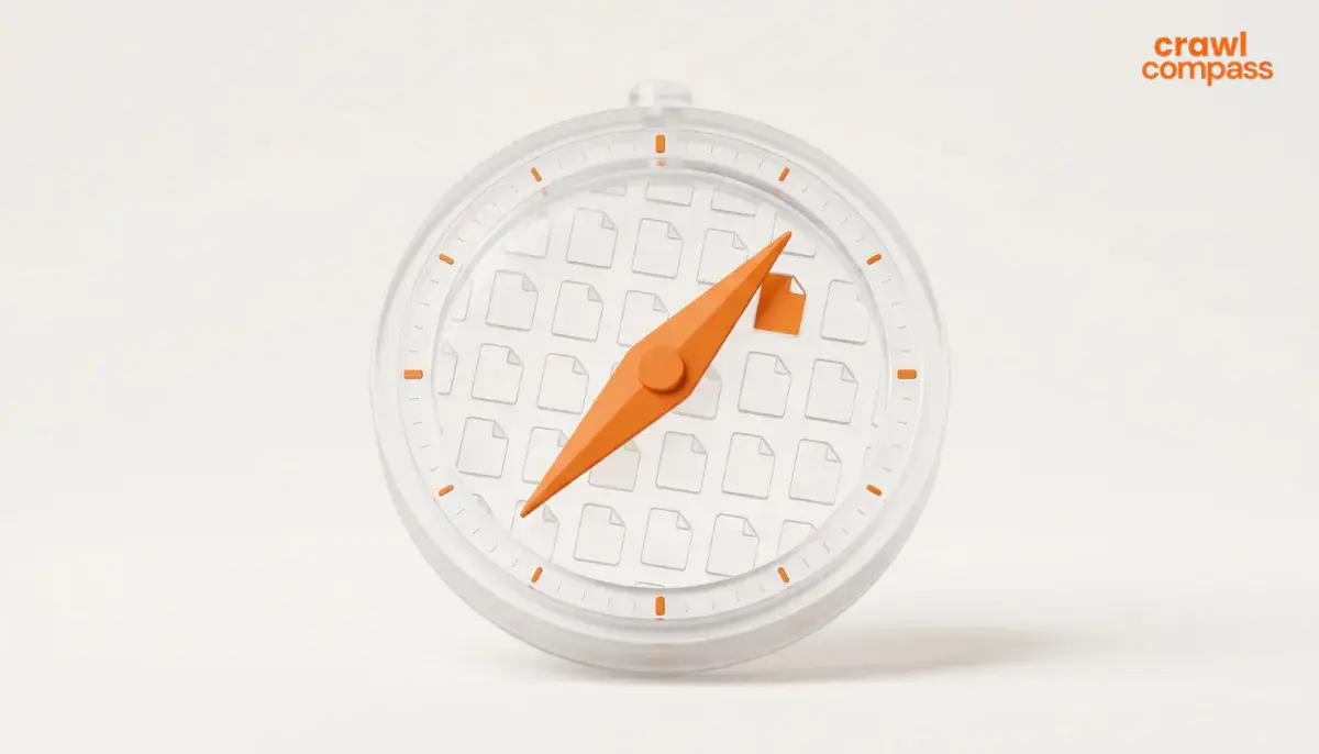 A 3D graphic of a compass featuring a transparent, glass-like casing and a prominent orange needle pointing to the upper right