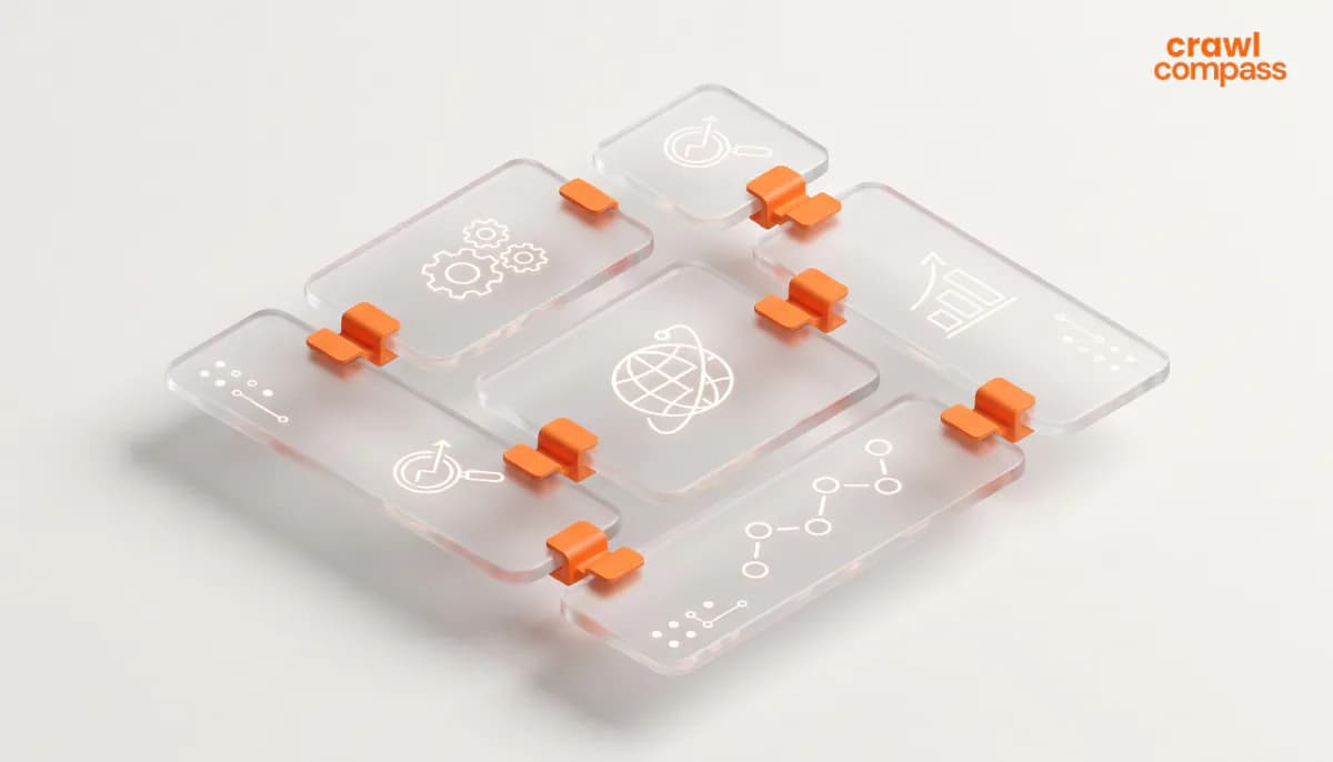 3D isometric illustration of connected glass panels with data and technology icons