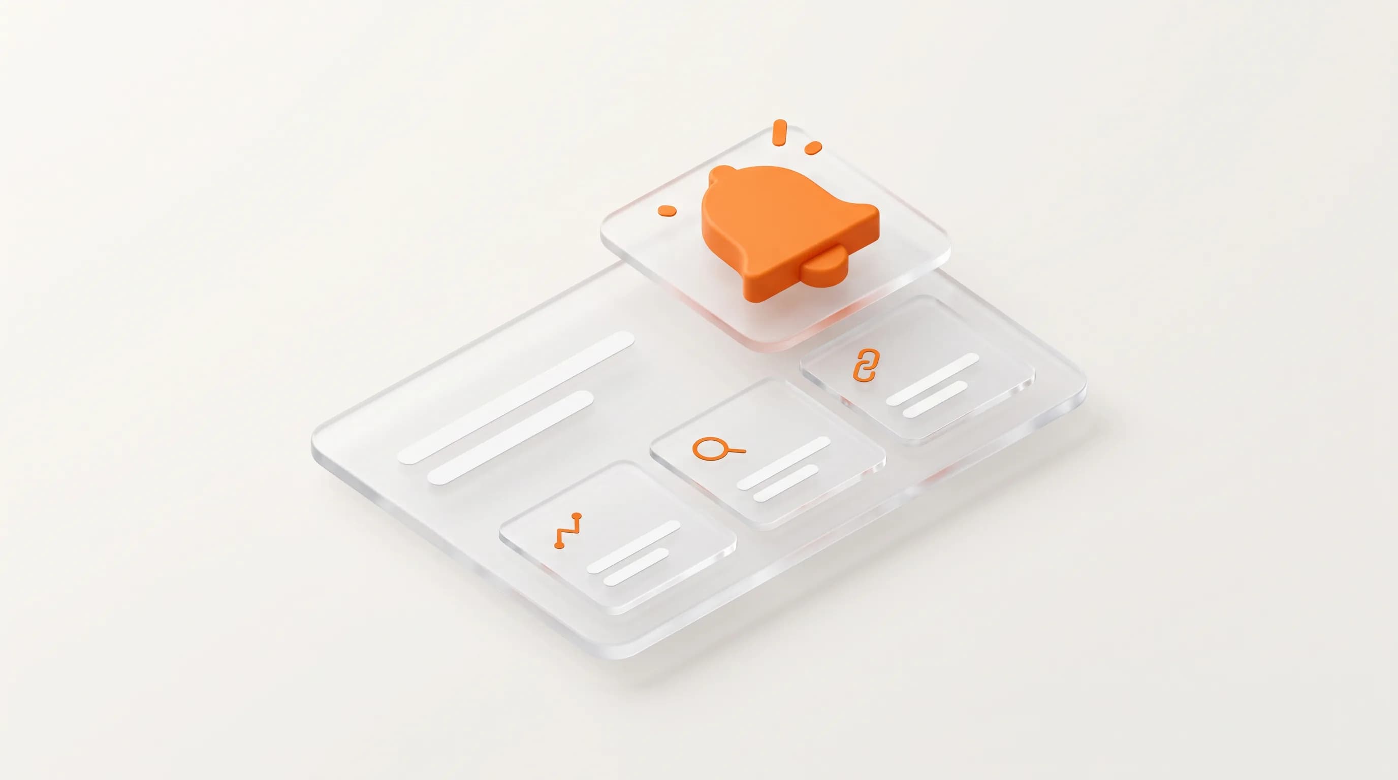 A glass dashboard panel with a glowing orange notification bell shows how professional software platforms monitor brand mentions in real time.