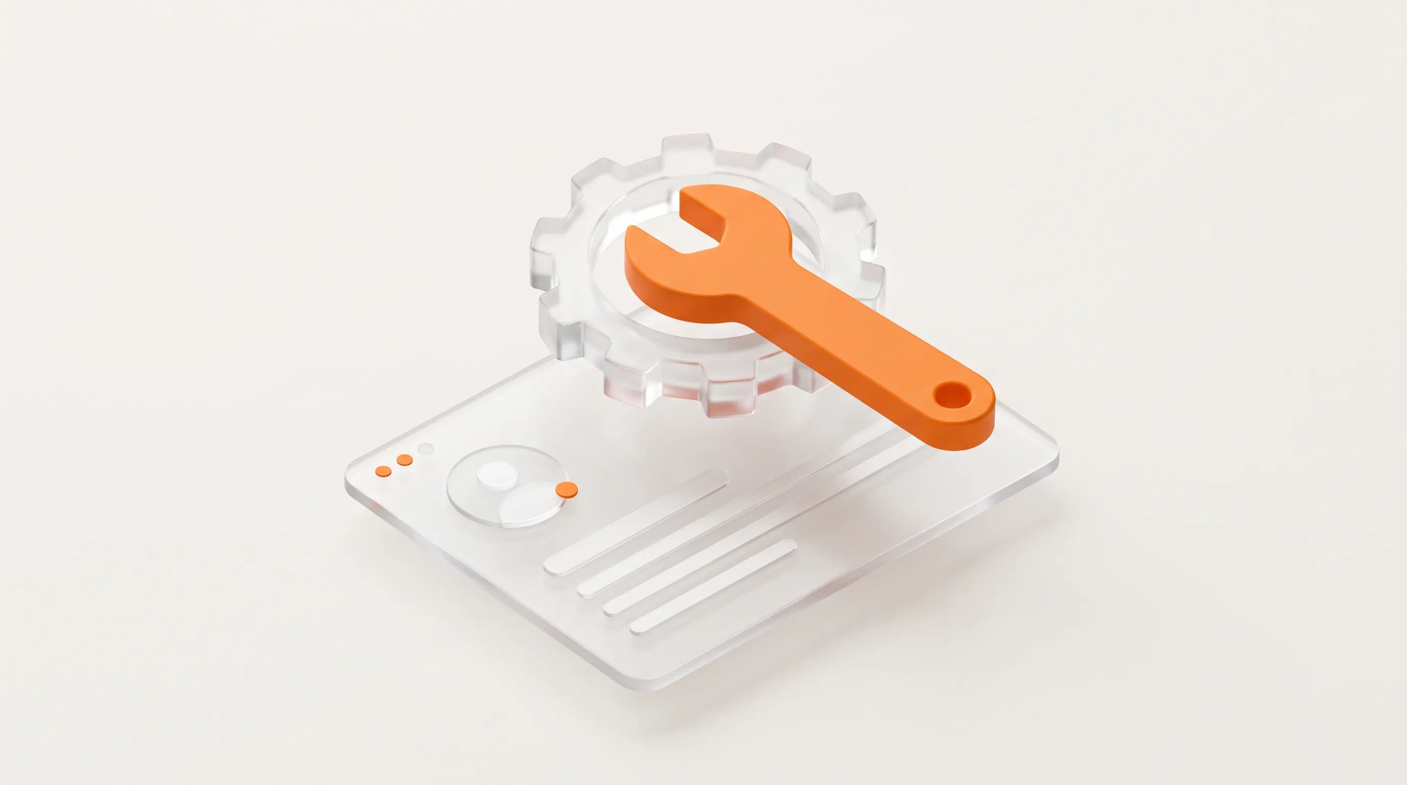 An orange wrench turns a glass gear above a webpage layout, showing the hands-on steps to optimize a website for E-E-A-T.