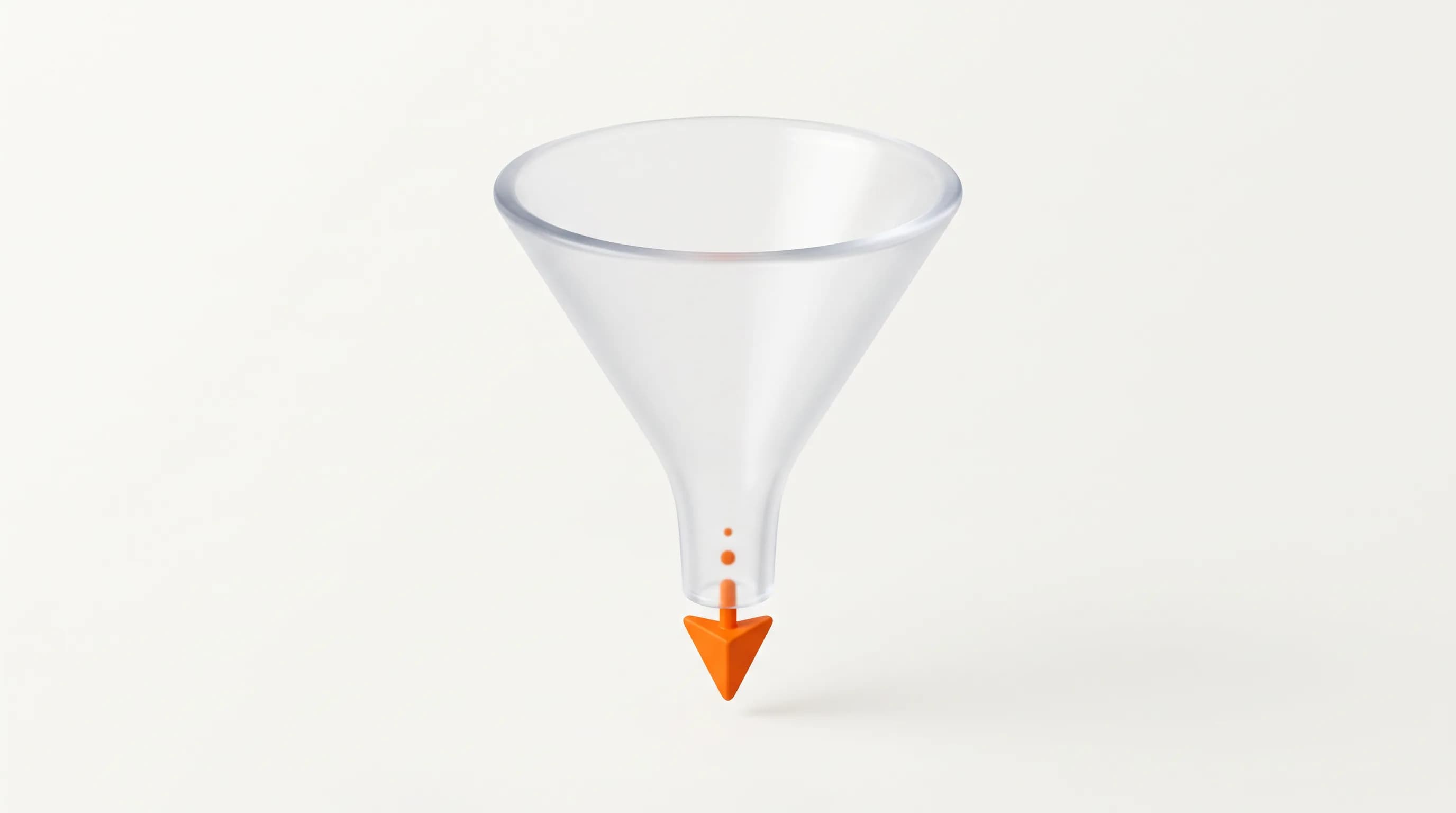 A narrowing glass funnel tapers to a single sharp orange point, illustrating the true niche meaning as the process of drilling focus down to its sharpest edge.