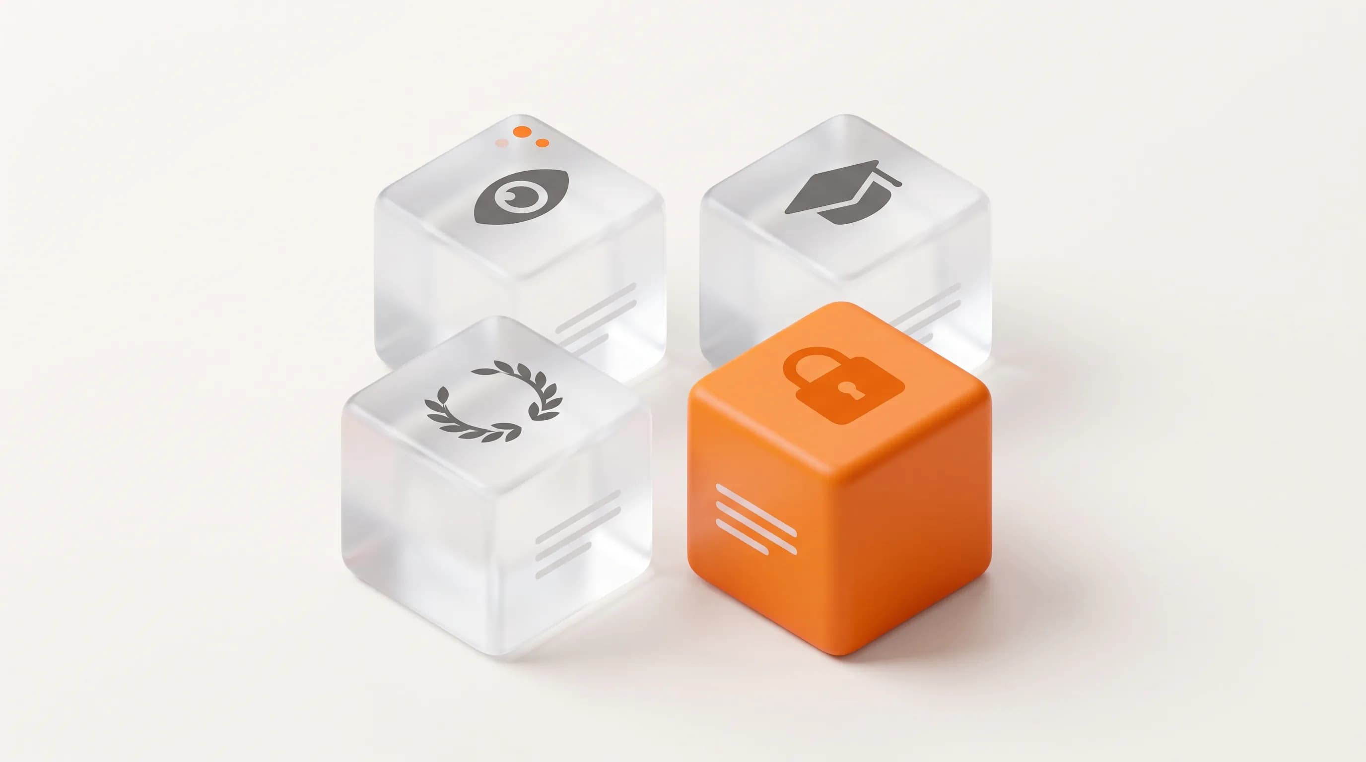 Four glass cubes with eye, graduation cap, laurel, and lock icons stand for the four core E-E-A-T components Google evaluates.