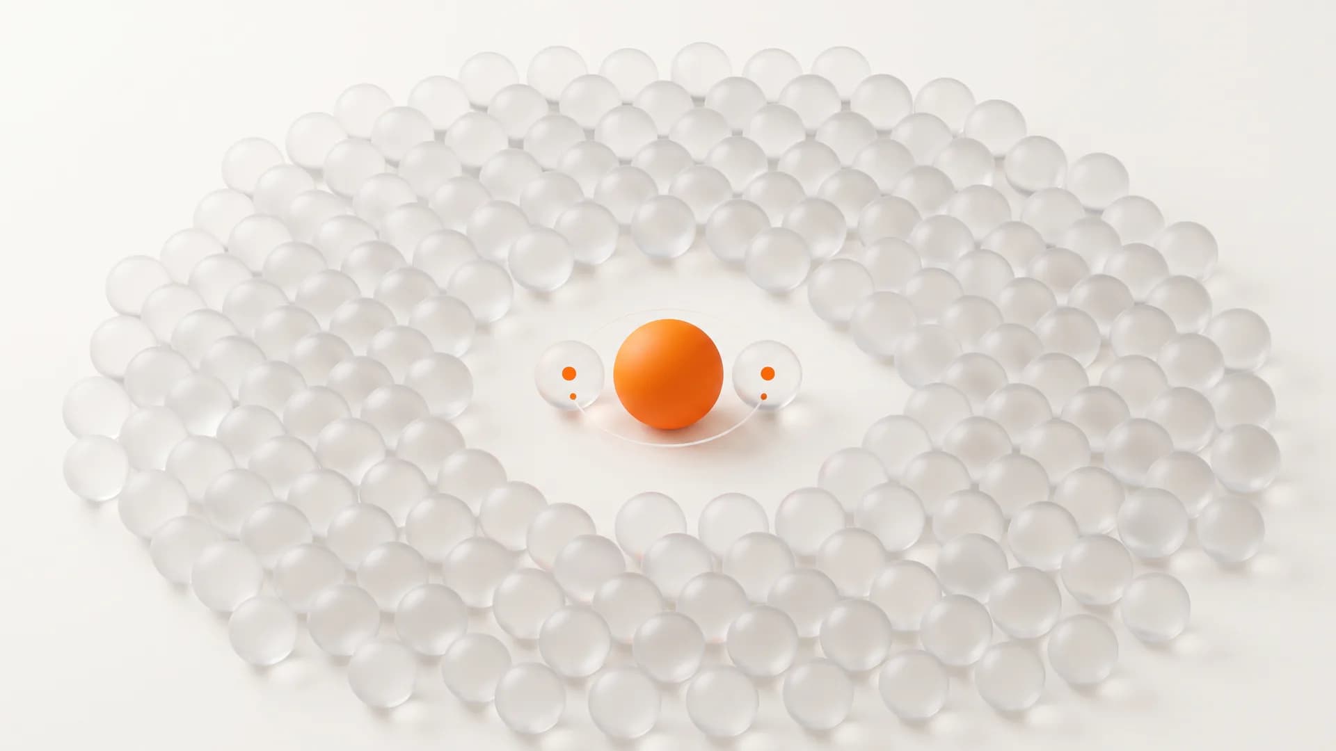One small orange point glows bright among a crowd of pale glass dots, capturing what niche content is in abandoning mass appeal.