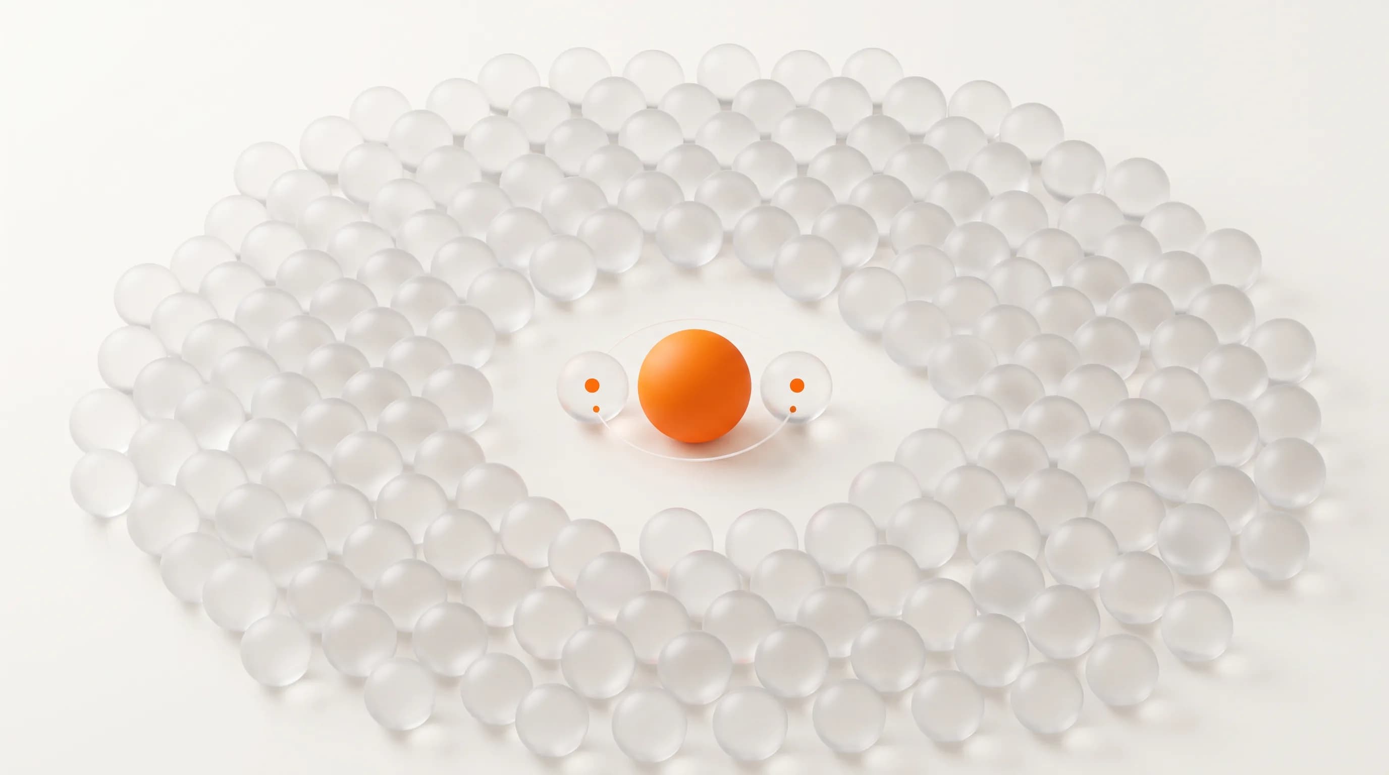 One small orange point glows bright among a crowd of pale glass dots, capturing what niche content is in abandoning mass appeal.