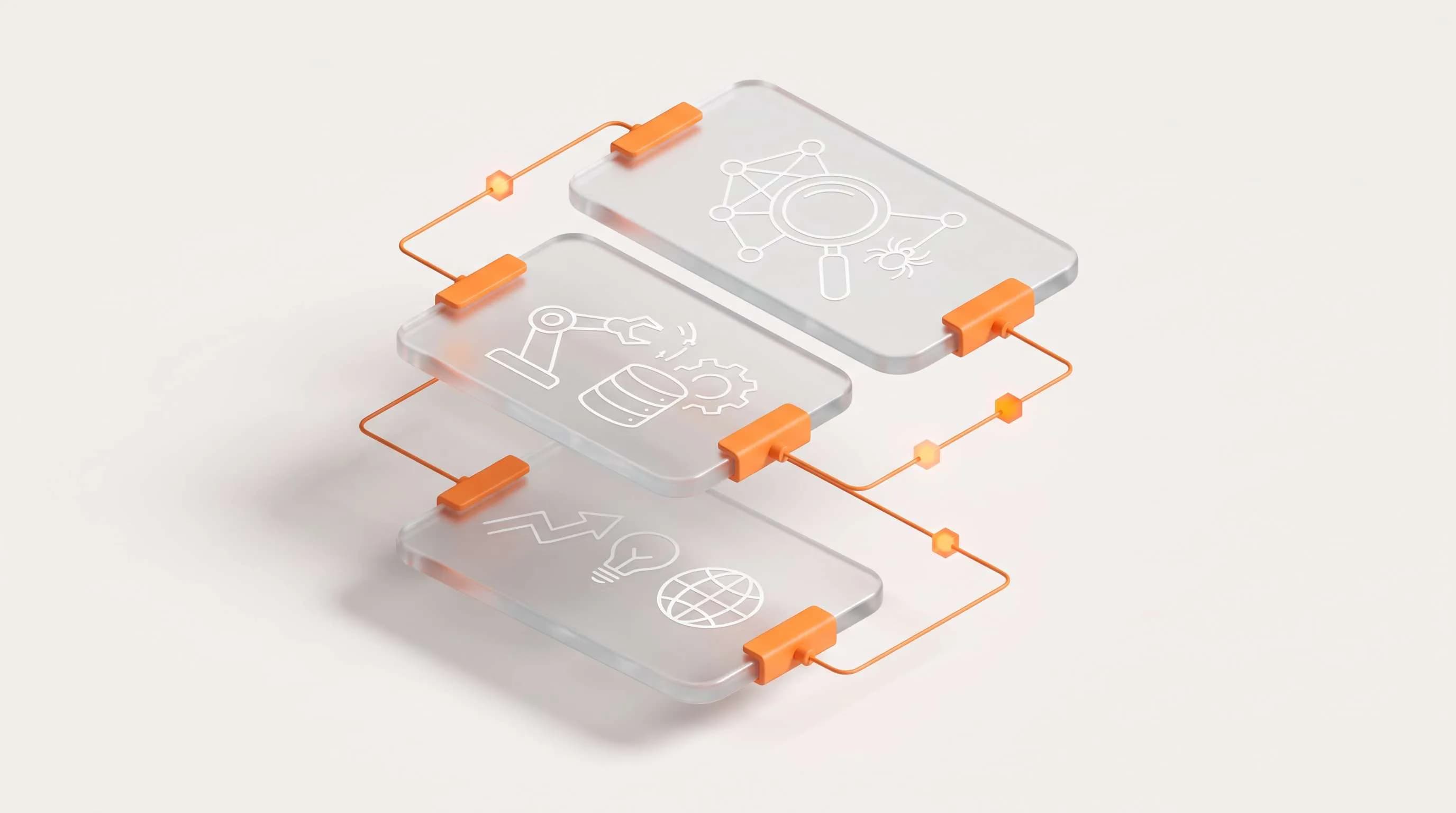 konsep web crawler dengan beberapa panel kaca digital dan simbol jaringan teknologi. Gambar ilustrasi 3D teknologi